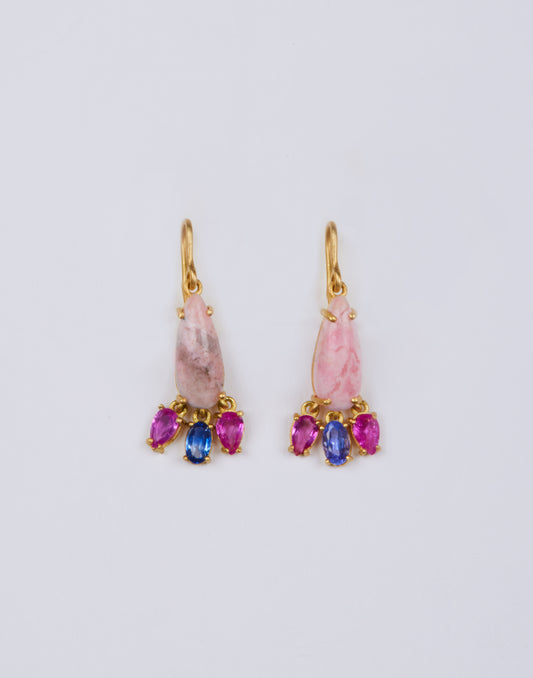 Pink Opal Earrings with Tourmaline and Tanzanite Dangle