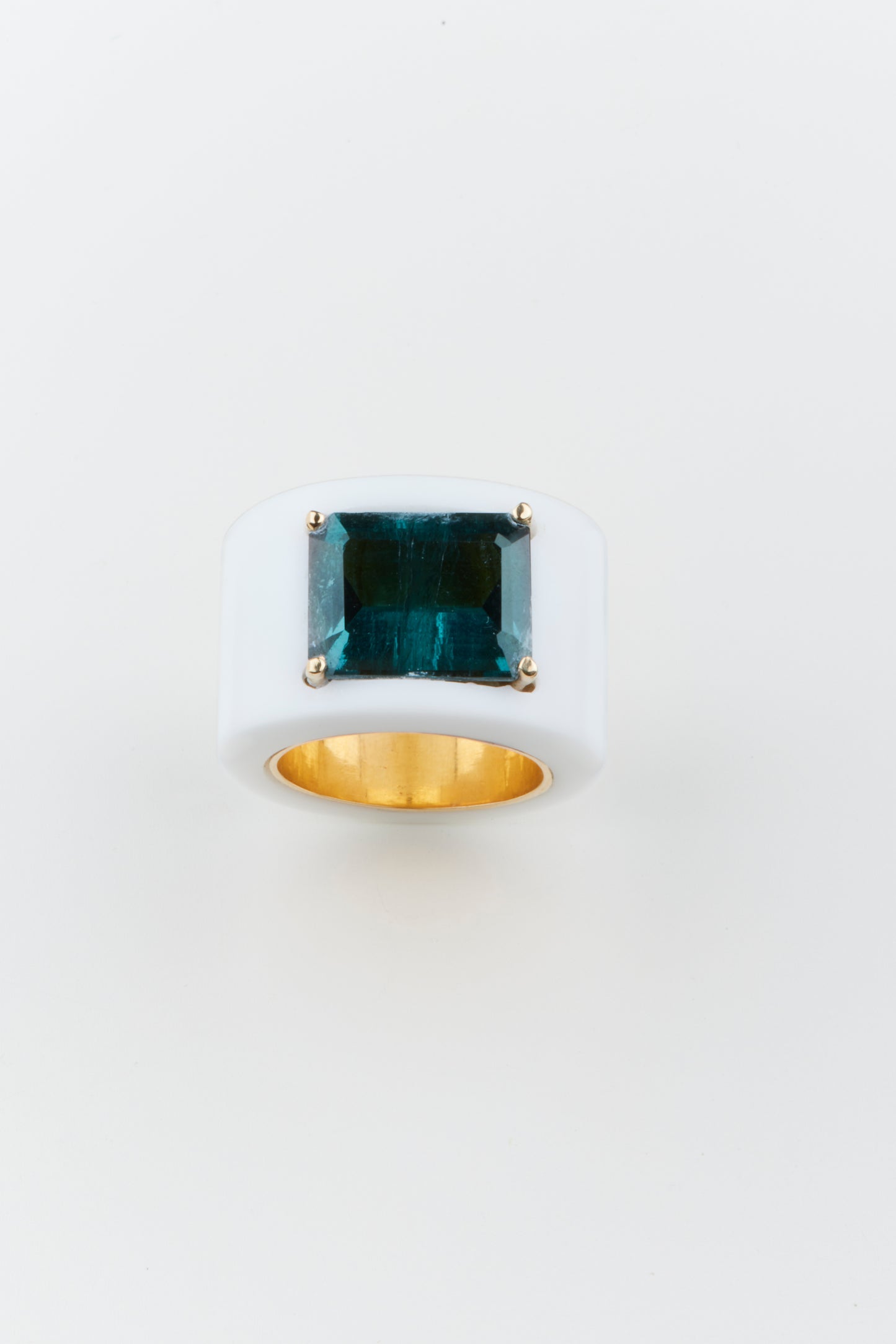 White Agate Ring with Tourmaline and Gold Liner
