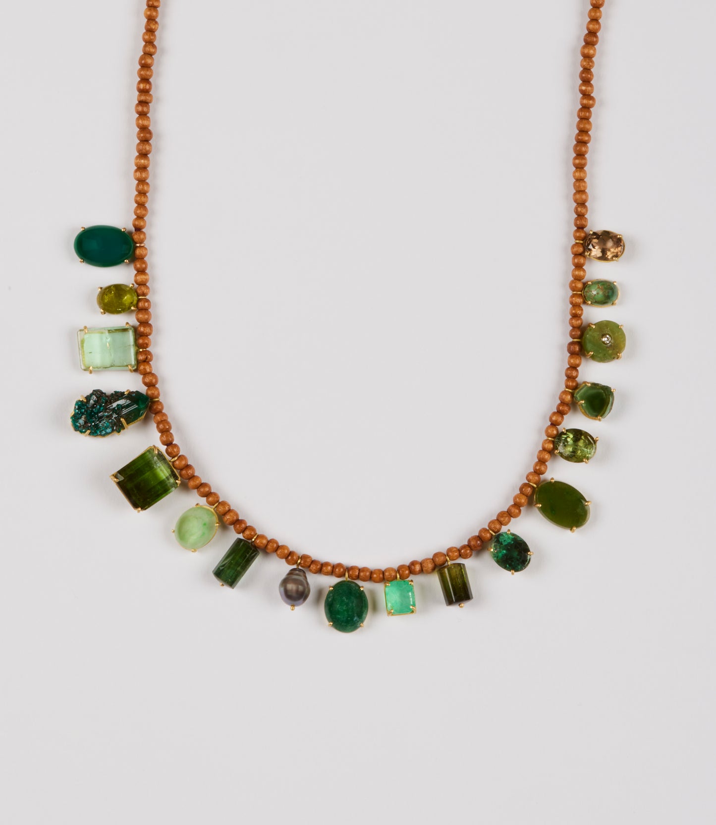 Wood Beads with Green Onyx, Tourmaline Dioptase, Jade, Emerald, Variscite and Smokey Topaz