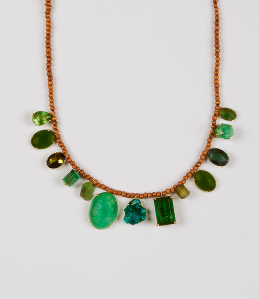 Wood Beads with Apatite, Green Onyx, Tourmaline, Jade, Dioptase & Emerald