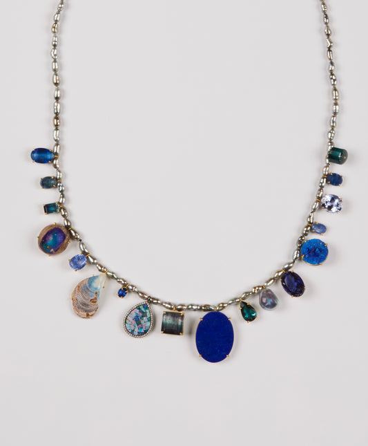 Tahitian Keshi Pearls and Lapis Beads with Kyanite, Lapis, Opal, Tanzanite, Sapphire and Tourmaline