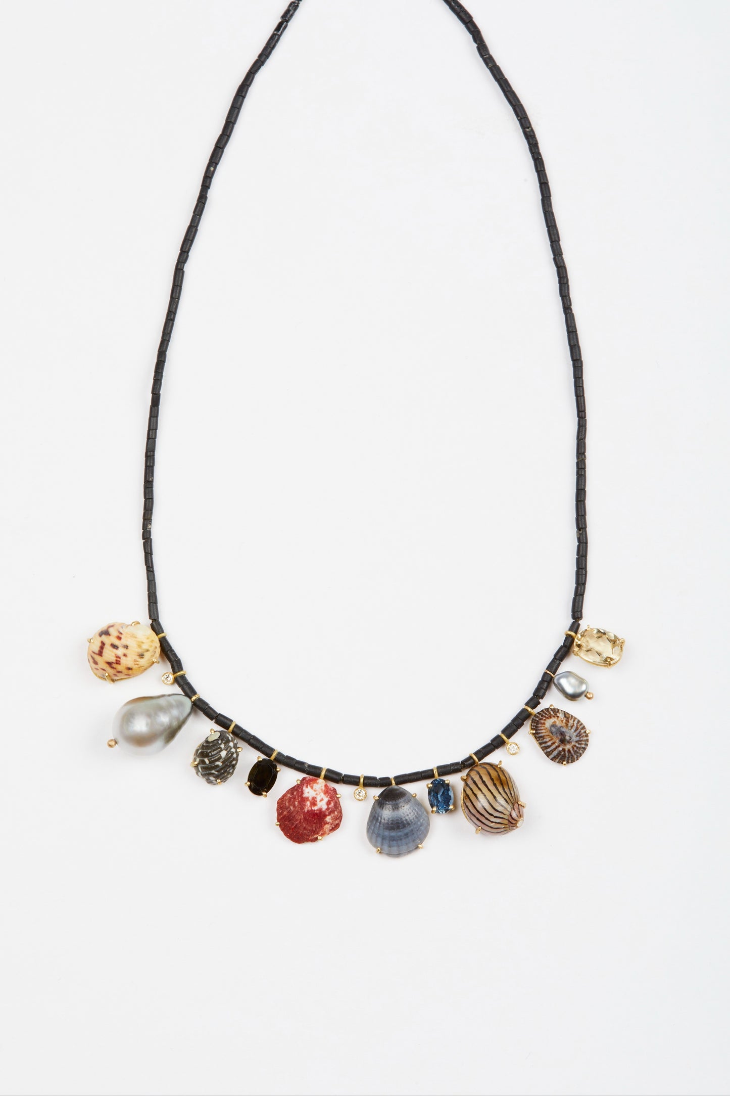 Black Jade Beads with Shells, Diamonds, Tourmaline and Tahitian Pearl