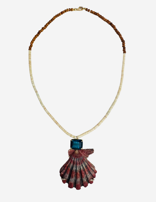 Blue Tourmaline with Lion's Paw Shell and Diamond Prongs on Wood and Shell Beads