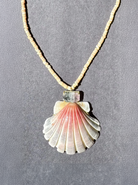 Bi Color Tourmaline with Shell set in 18k gold with Shell Beads.