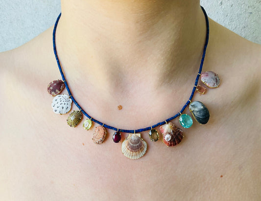 Lapis Beads with Sphene, Garnet, Smokey Topaz, Tourmaline, Diamonds and Shells.