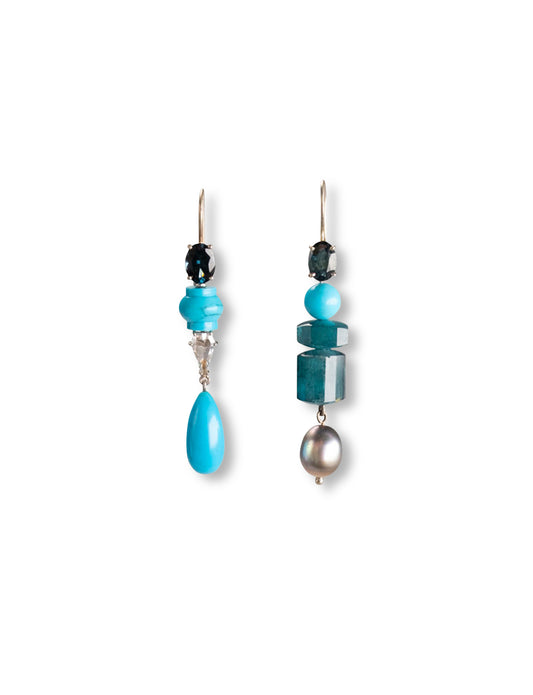 Turquoise, Tourmaline, Tahitian Keshi Pearl and Diamond Earrings