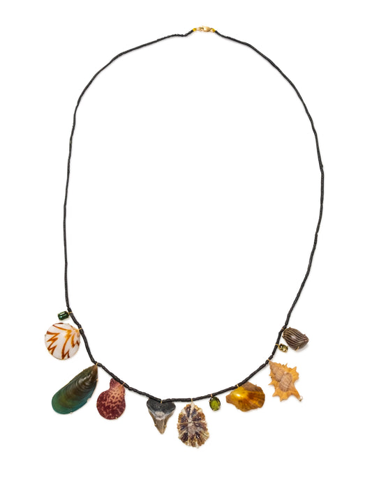 Black Jade Beads with Shells, Tourmaline and Diamonds