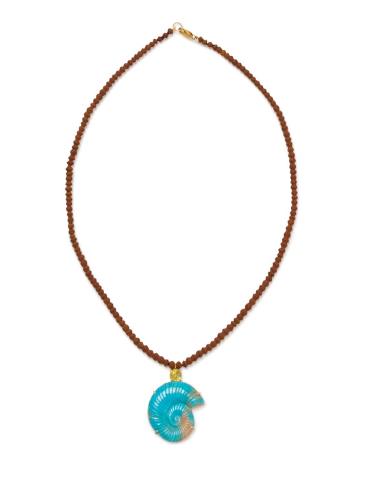 Armenian Turquoise Shell Carving with Sphene on Brown Jade Beads