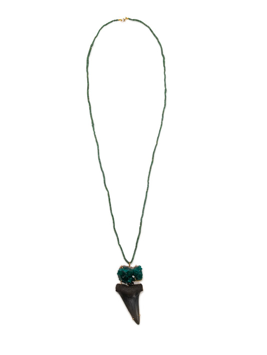 Shark Tooth with Dioptase and Green Tourmalines on Nephrite Beads