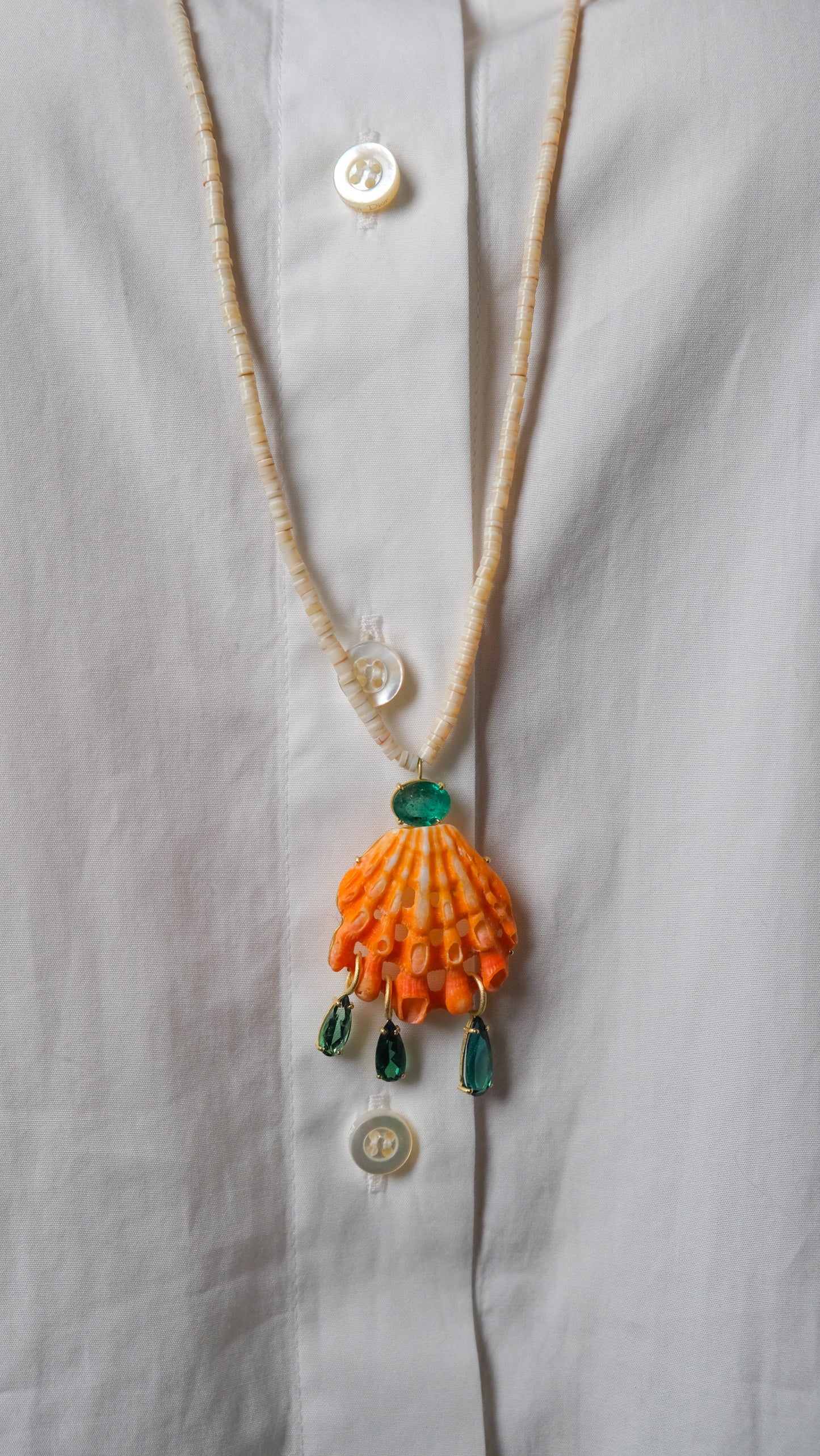 Orange Shell with Green Tourmaline Briolettes on Shell and Wood Beads