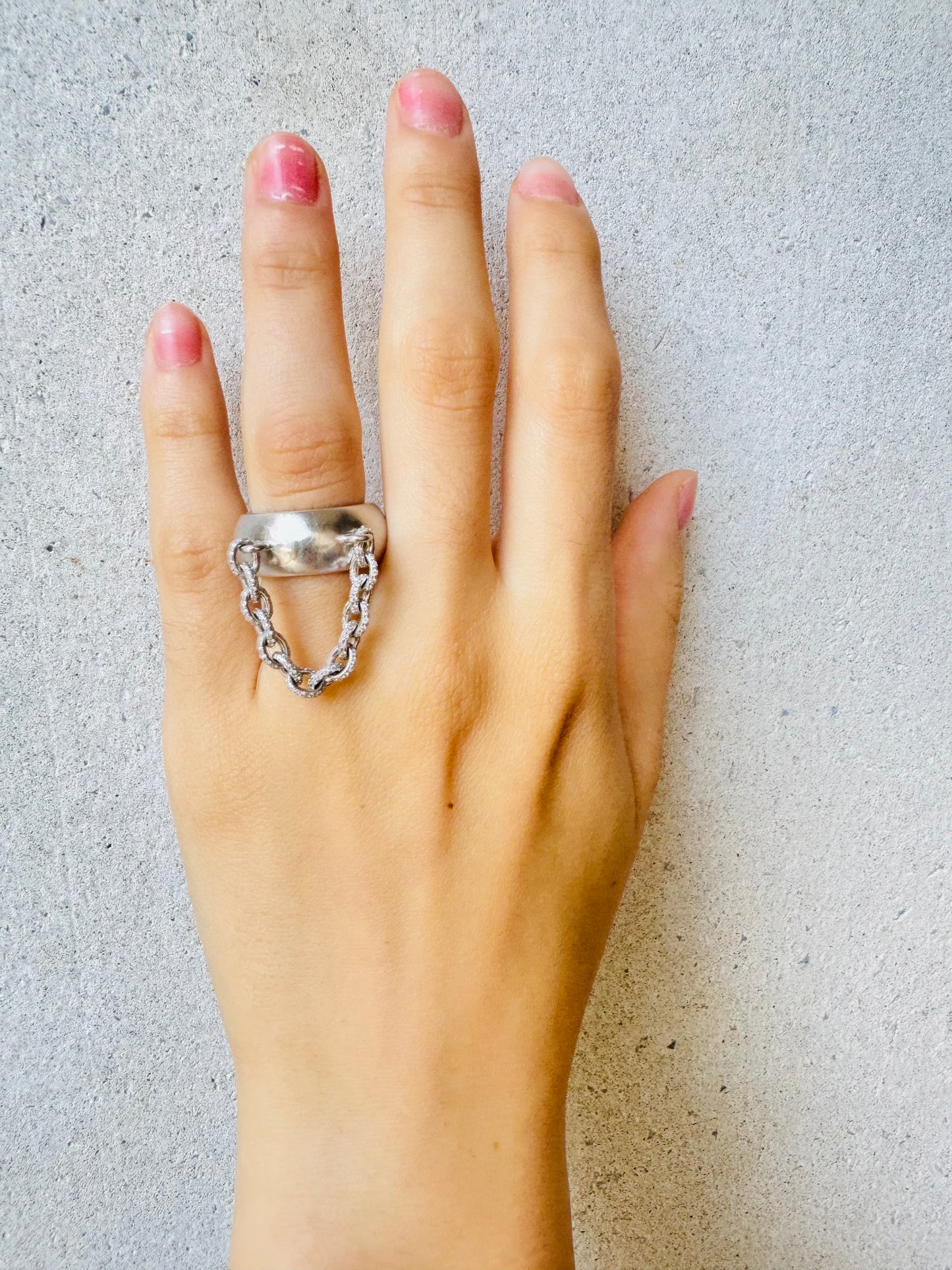 White Gold Matte Ring with Diamond Chain