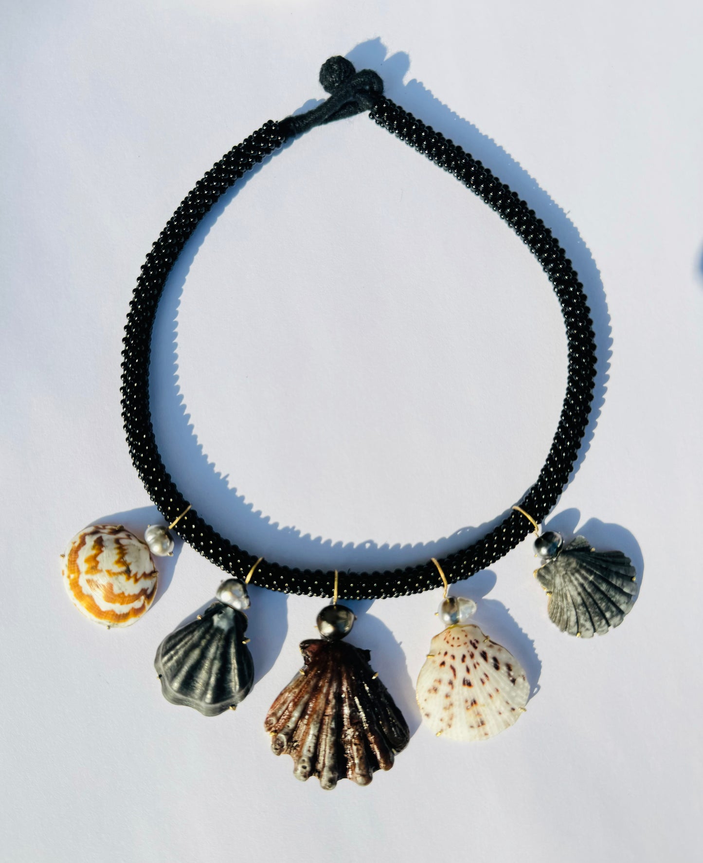 Shells on Black Beaded Cord with Tahitian Keshi Pearls