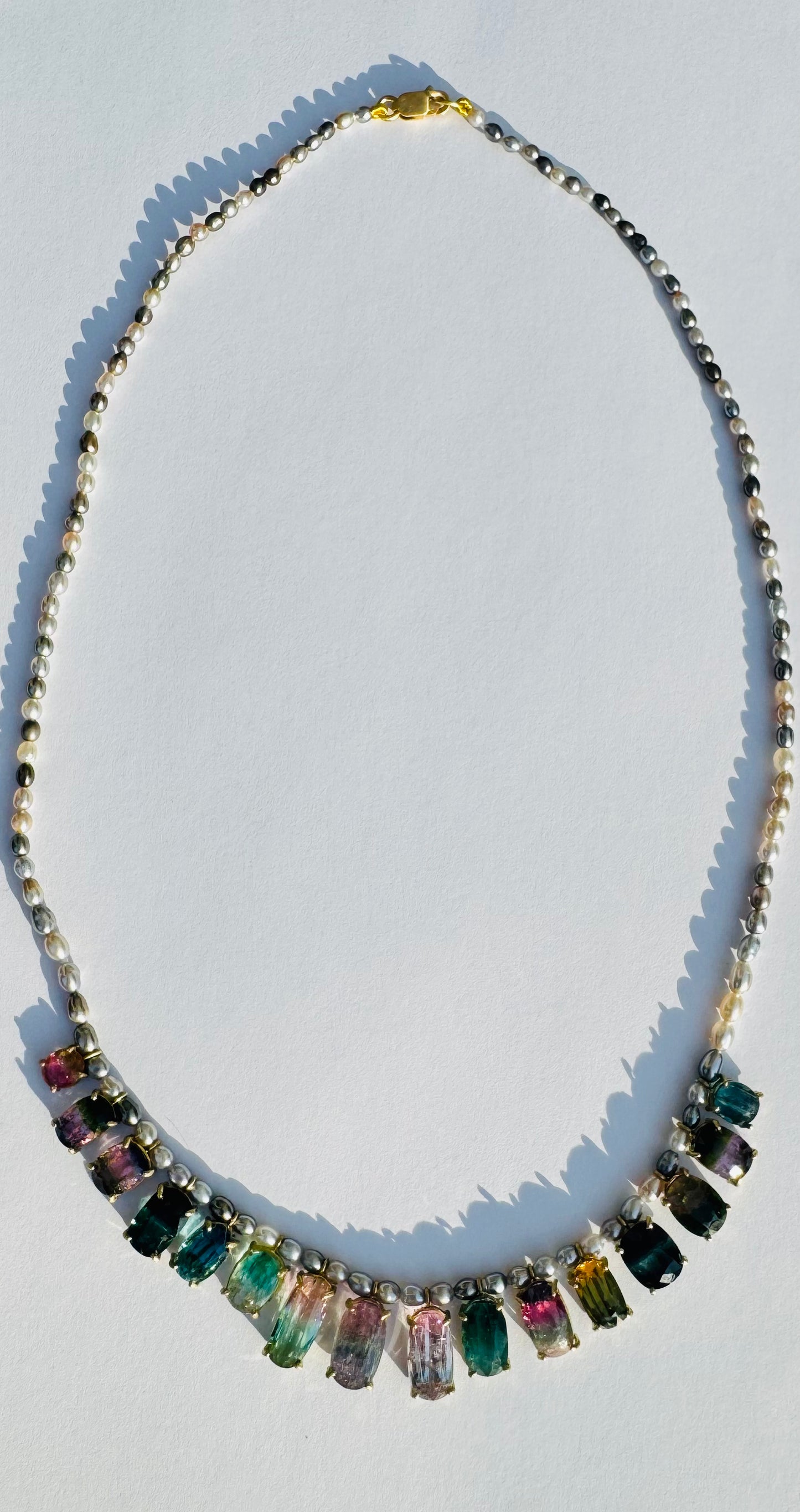 Tiny Tahitian Keshi Pearl and Bi Color Tourmaline Necklace