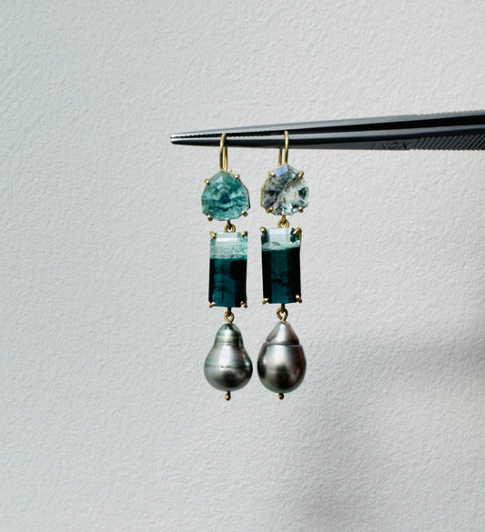 Bi Color Tourmaline, Aqua Marine and Tahitian Keshi Pearl Earrings