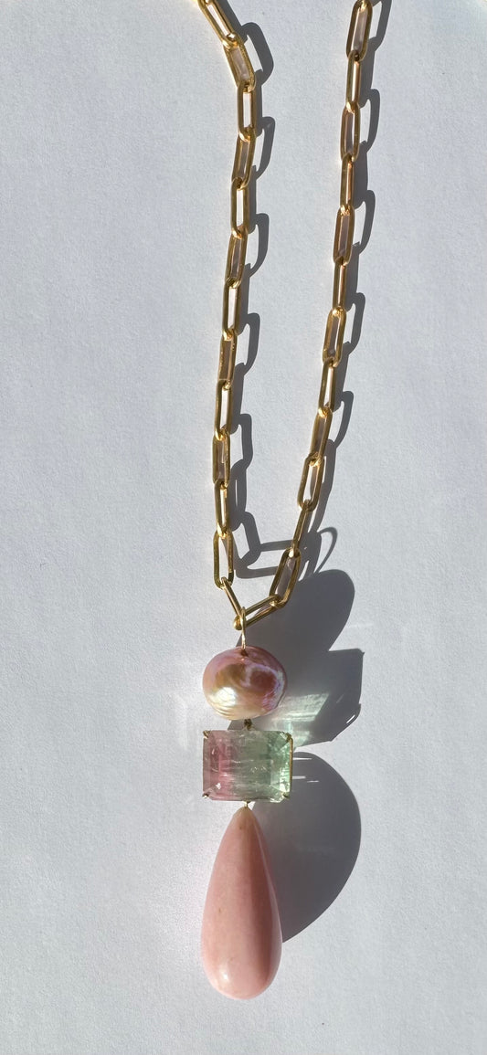 Pearl, Bi Color Tourmaline and Pink Opal Pendant