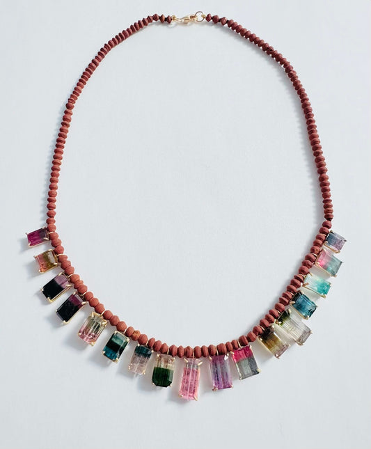 Brown Jade Beads with Bi Color Tourmalines
