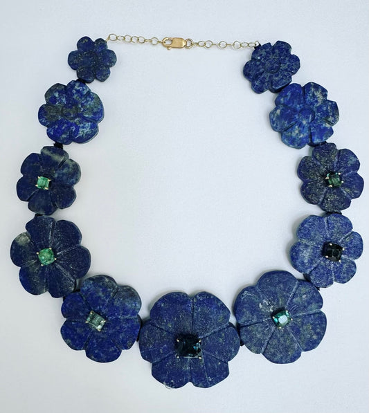 Lapis Flowers with Tourmaline, Aquamarine and Emerald