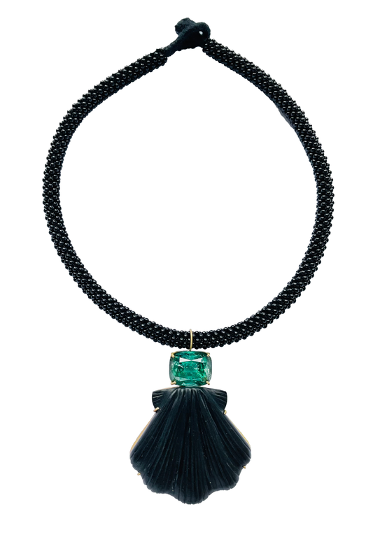 Black Onyx Embroidered Cord with Tourmaline and Onyx Shell Carving