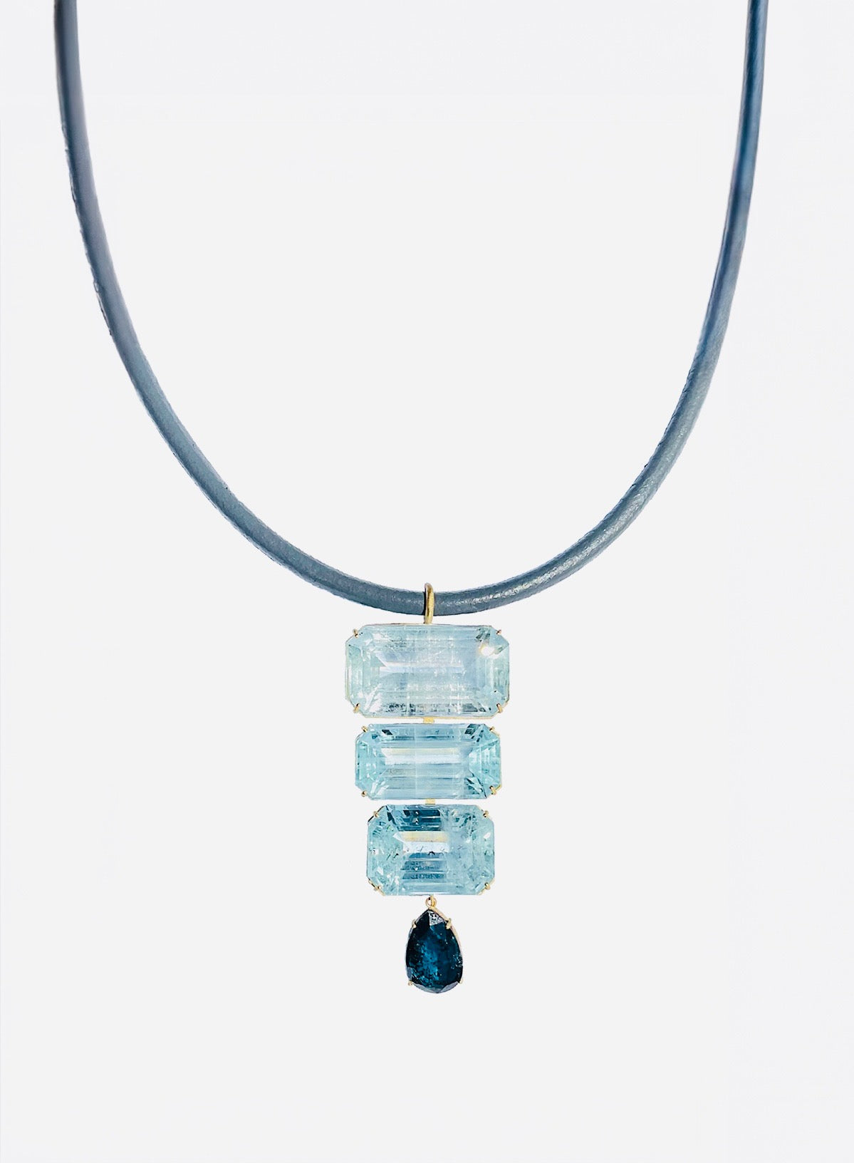 Aqua Marine and Kyanite Pendant on Grey Leather