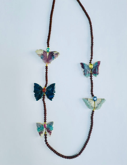 Brown Jade Beads with Mixed Gem Butterflies