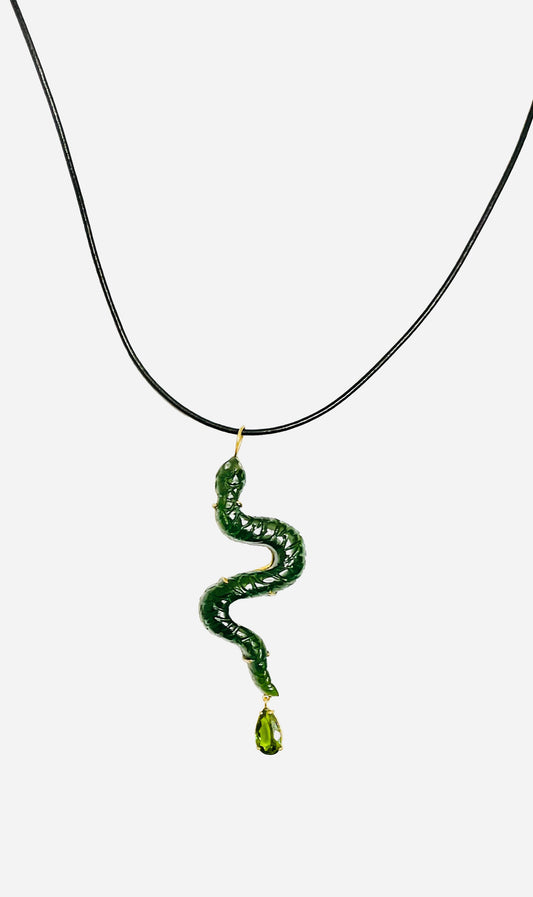 Nephrite Snake Carving Pendant with Diamond Eyes and Tourmaline