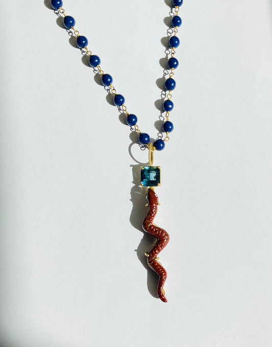 Nephrite and Blue Tourmaline Snake Carving Pendant with Diamond Eyes.