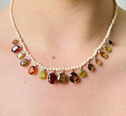 Garnet, Madeira Citrine, Smokey Topaz, Sphene and Diamond Necklace on Wooly Mammoth Beads