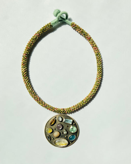 Pendant with Multi Gems on Unakite Embroidered Cord