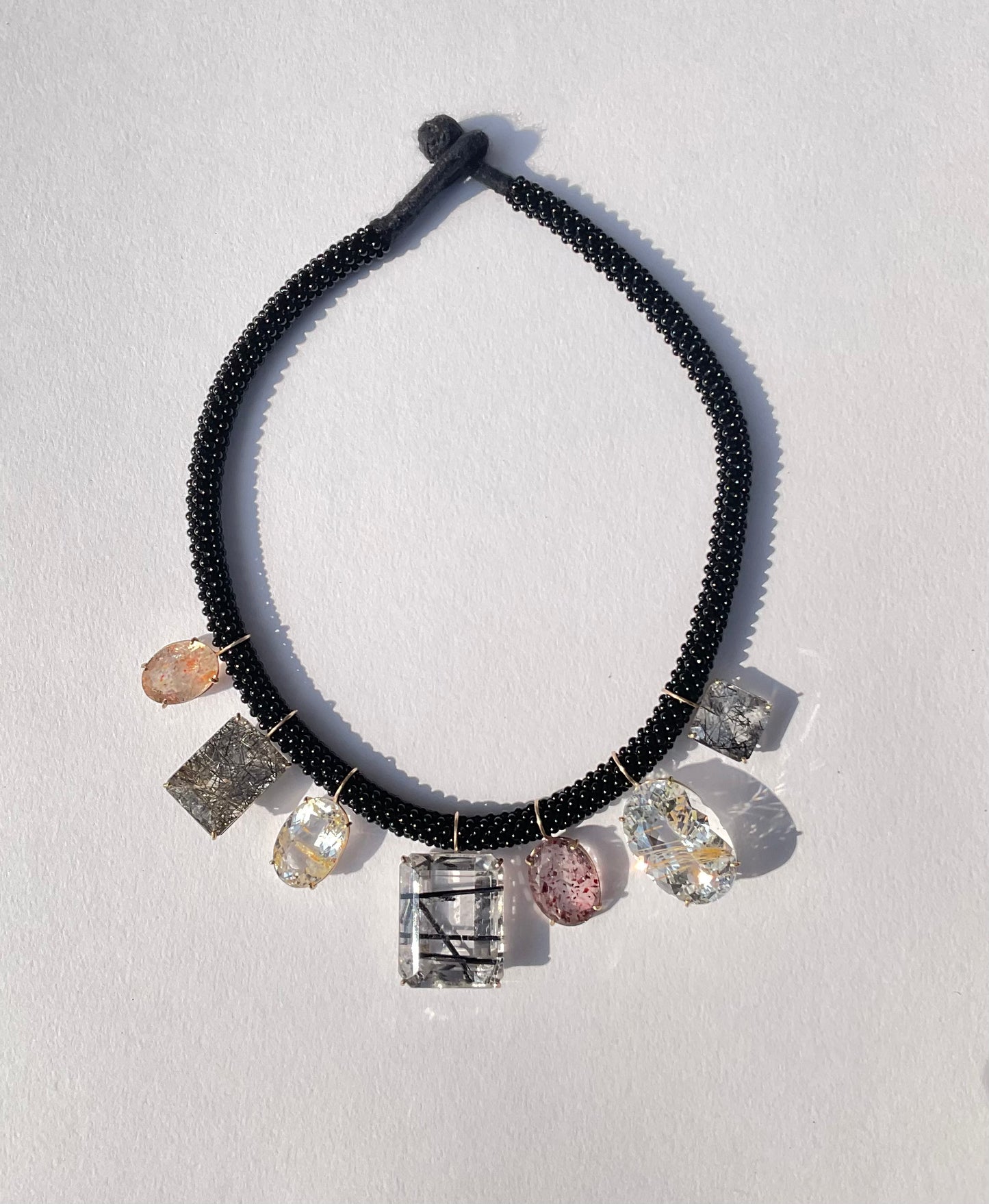 Rudilated and Tourmalinated Quartz Necklace on Black Onyx Choker