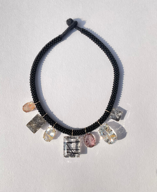 Rudilated and Tourmalinated Quartz Necklace on Black Onyx Choker