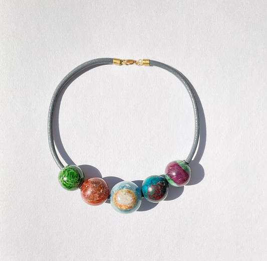 Gem Spheres Necklace, Lemurian Aquatine Blue Calcite, Chrome Diopside, Spessartite, Quantum Quattro, Ruby in Zoisite