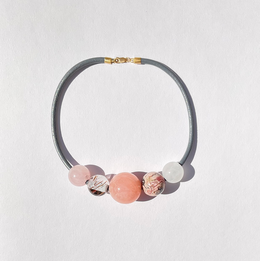 Gem Spheres Necklace, Morganite, Rose Quartz, Copper Rudilated Quartz, Rhodocrosite, Quartz