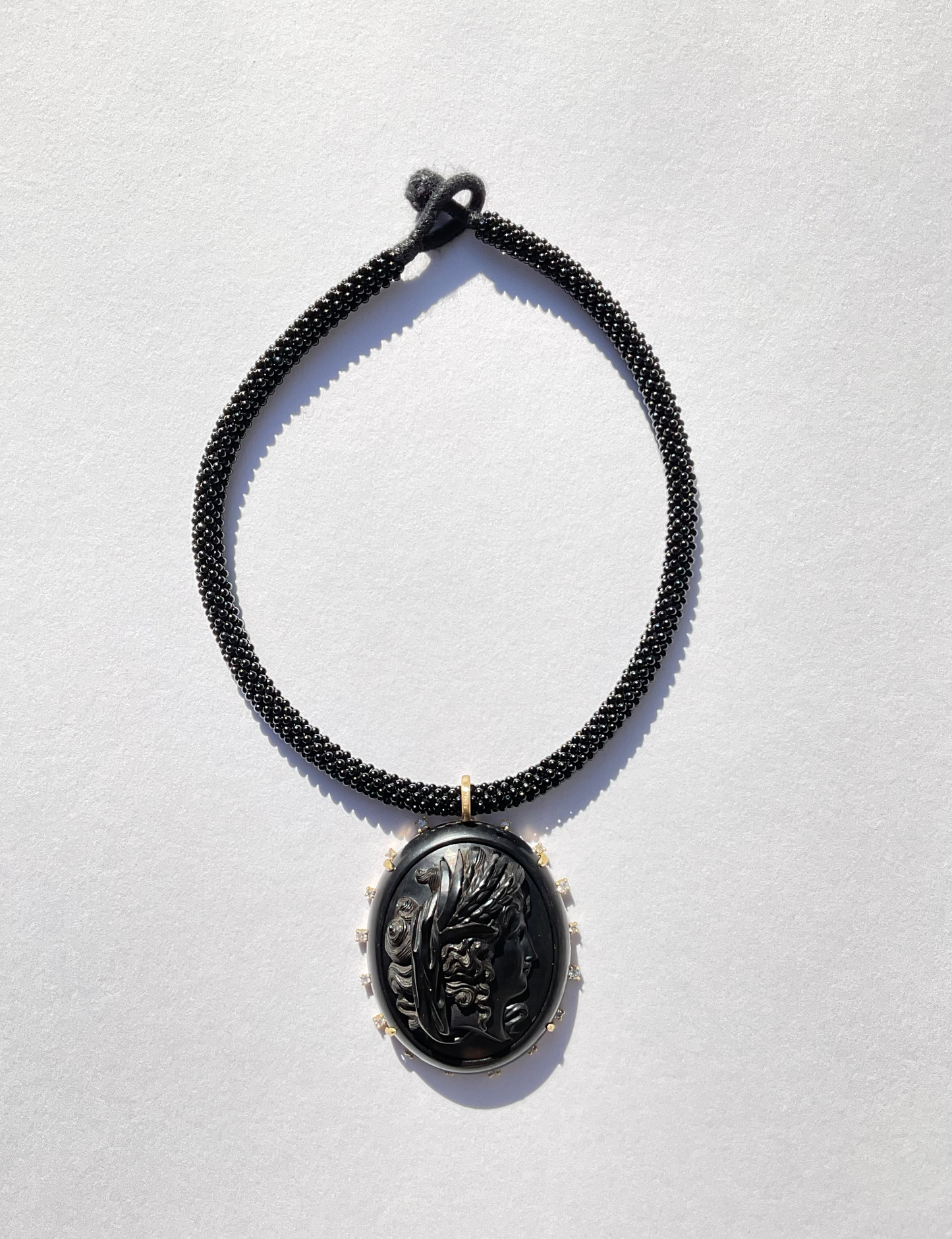 Antique Victorian Carved Jet Cameo with Diamonds on Black Onyx Embroidered Choker