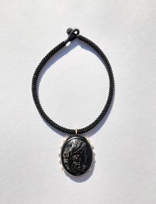 Antique Victorian Carved Jet Cameo with Diamonds on Black Onyx Embroidered Choker