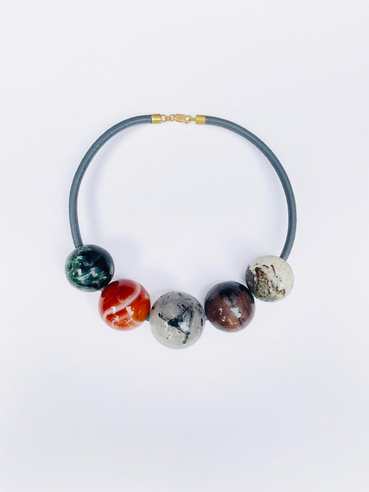 Gem Spheres Necklace, Moss Agate, Carnelian, Black Tourmalinated Quartz, Chiastolite, Natrolite