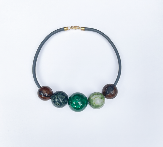Gem Spheres Necklace, Chiastolite, Kambaba Jasper, Malachite, Jade