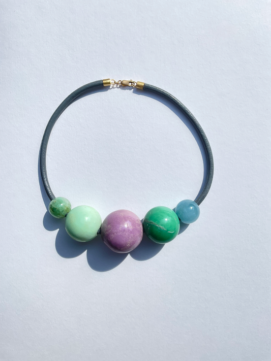 Gem Spheres Necklace, Emerald, Chrysoprase, Phosphosiderite, Aquamarine