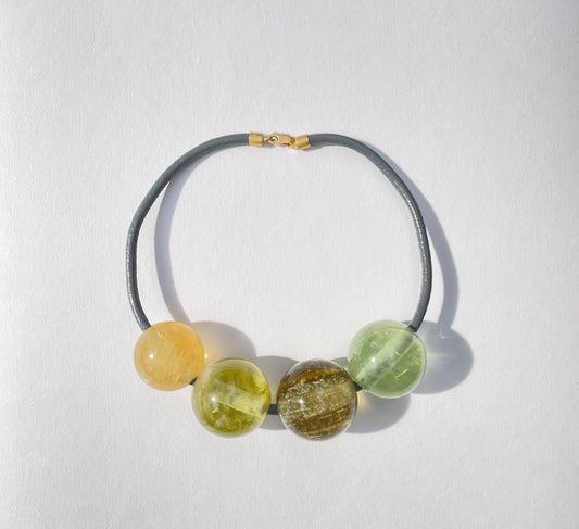 Gem Spheres Necklace, Heliodor, Citrine and Libyan Glass.