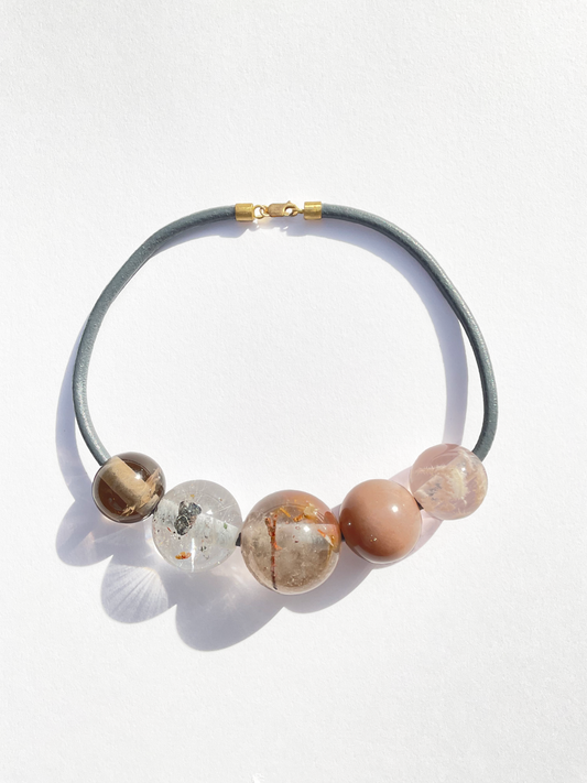 Gem Spheres Necklace, Smoky Quartz, Rudilated Quartz with Iron and Mica, Copper Rudilated Quartz, Peach Sunstone, Snowflake Quartz