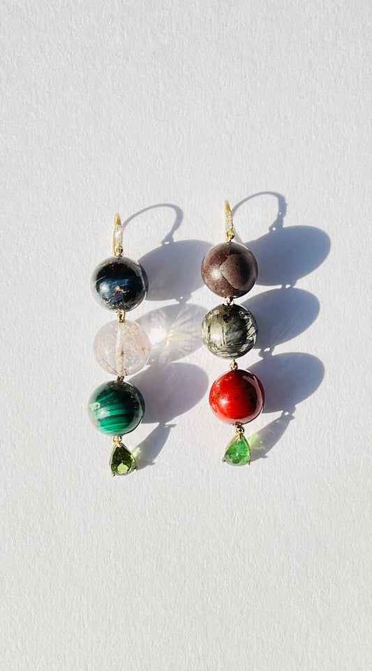 Gemstone Sphere Earrings with Diamonds and Green Tourmaline