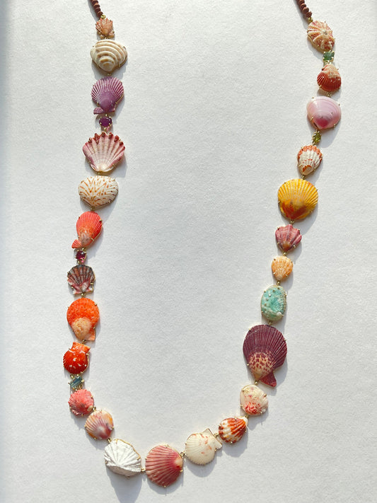 Multi Long Shell Necklace with Gems and Diamonds