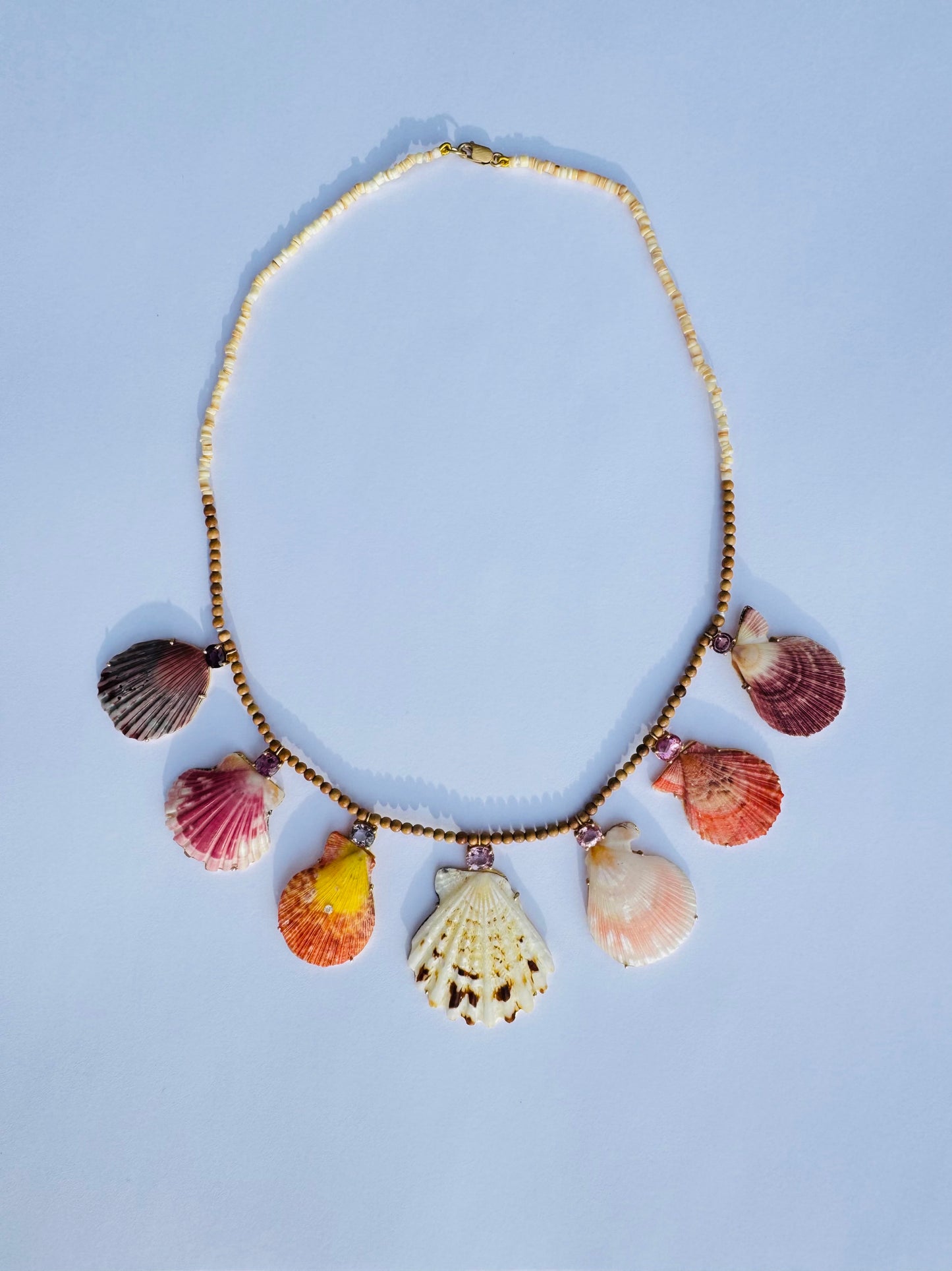 Shells and Spinel on Wood and Shell Beads