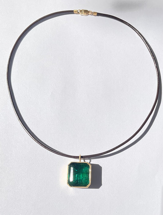 Green Tourmaline on Brown Leather Cord