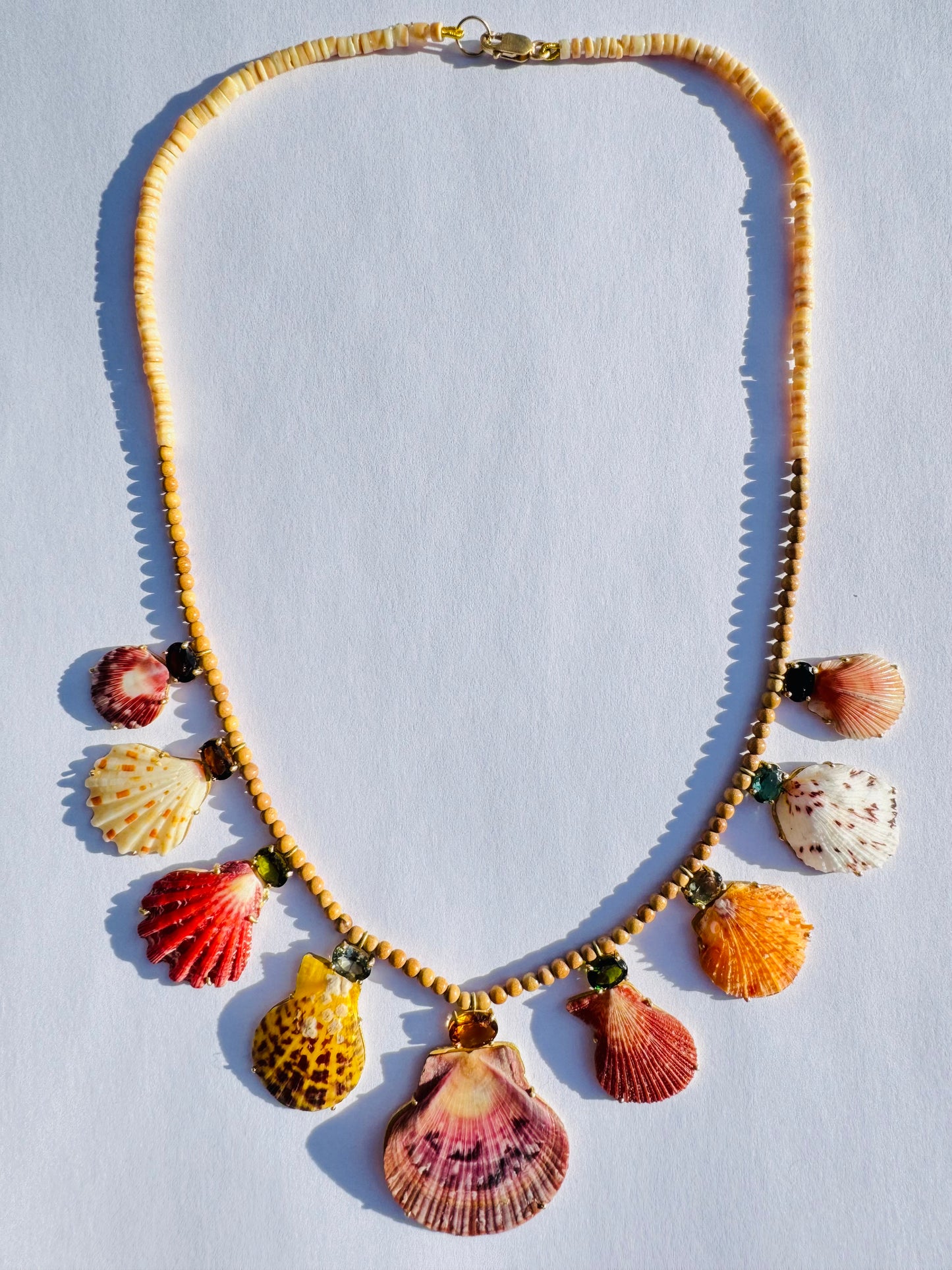 Shells with Tourmaline on Wood and Shell Beads