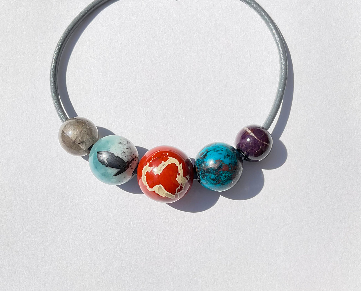 Gem Spheres Necklace, Rutilated Quartz, Aquamarine, Jasper, Quantum Quattro, Purpurite
