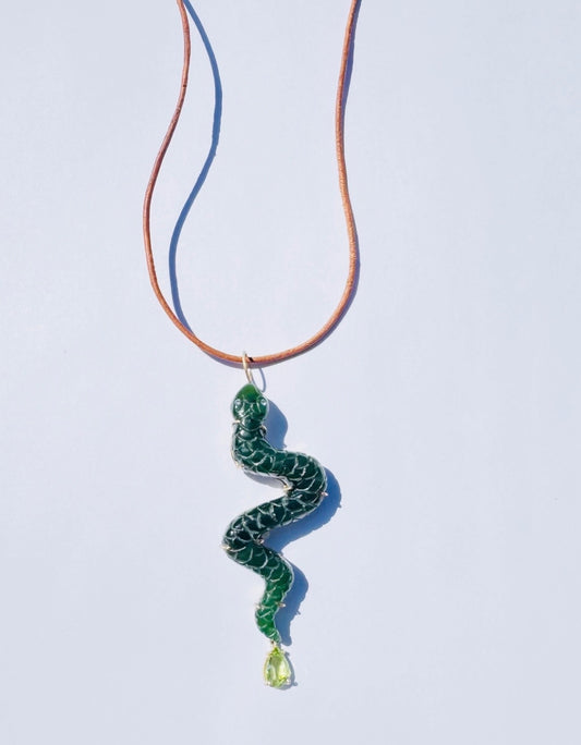 Nephrite Snake Carving Pendant with Tourmaline