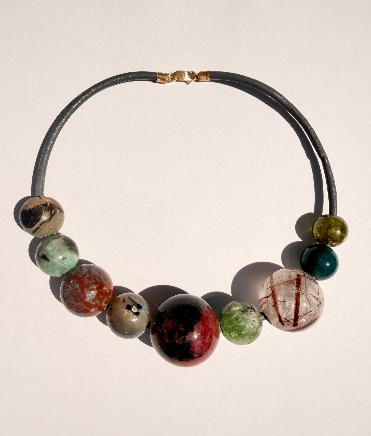 Gem Spheres Necklace, Emerald, Jasper, Rutilated Quartz, Tourmaline, Rhodonite, Jade