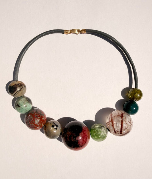 Gem Spheres Necklace, Emerald, Jasper, Rutilated Quartz, Tourmaline, Rhodonite, Jade
