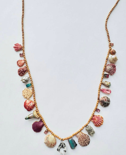 Wood Beads with Rare Shells, Abalone Pearls, Tourmalines and Diamonds
