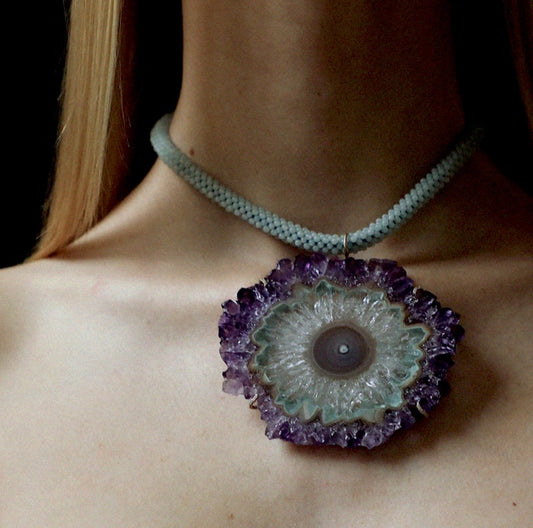 Amazonite Embroidered Cord with Amethyst Stalactite Slice and Diamond Prongs